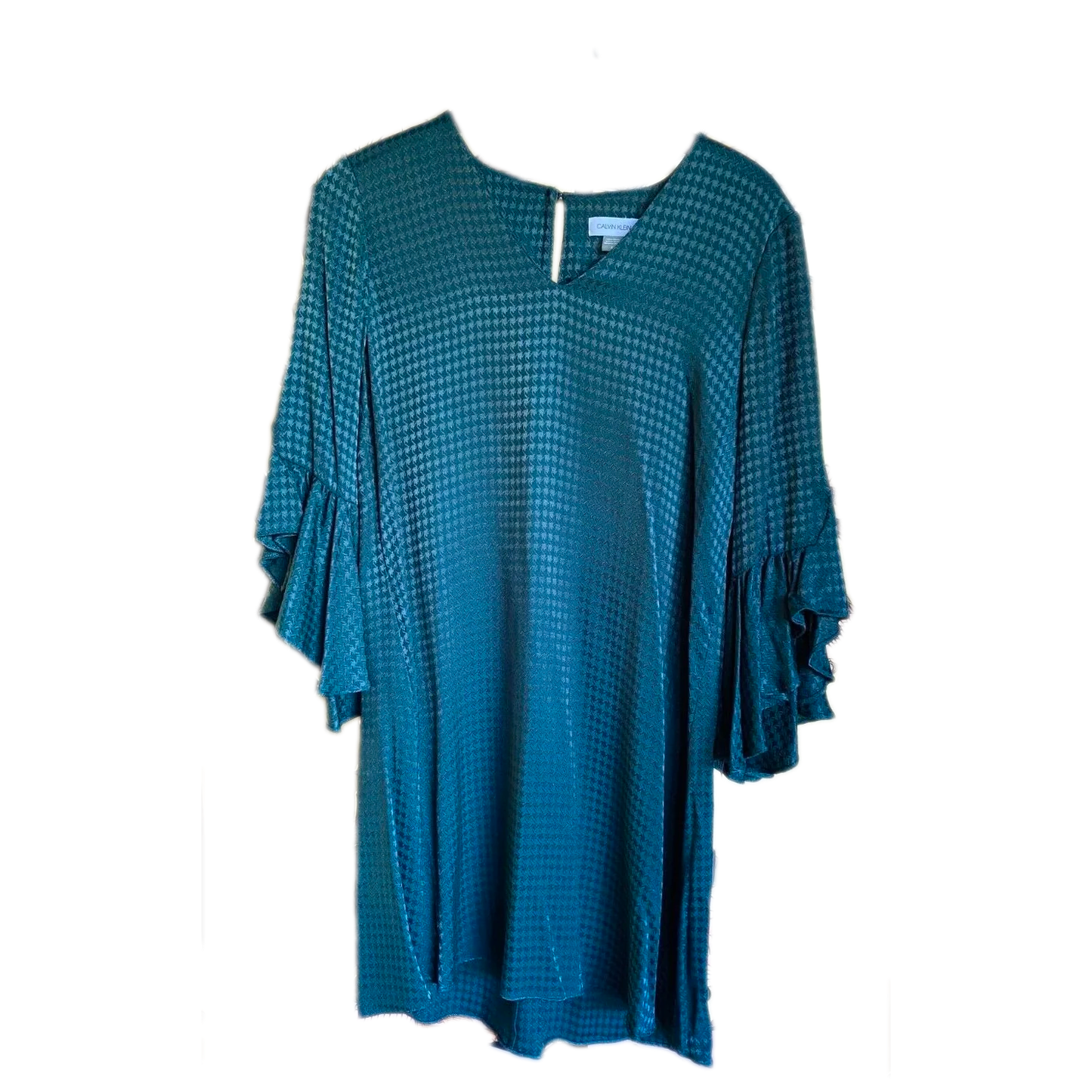 CALVIN KLEIN Womens Green Keyhole Back Bell Sleeve V Neck Short Shift Dress 4