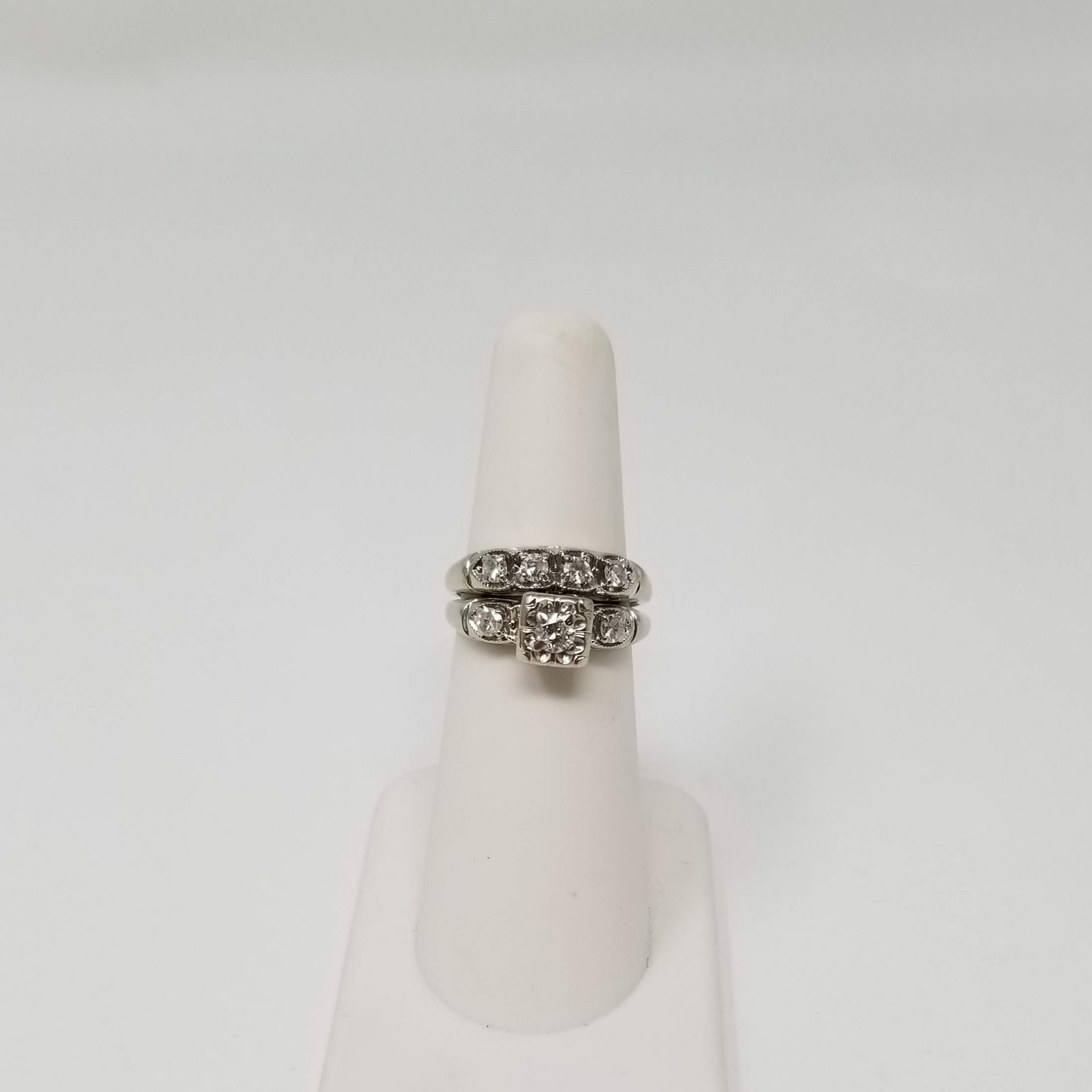 Engagement Ring Set - 9 Round Brilliant Diamonds - Size 6.0 - 14K White Gold