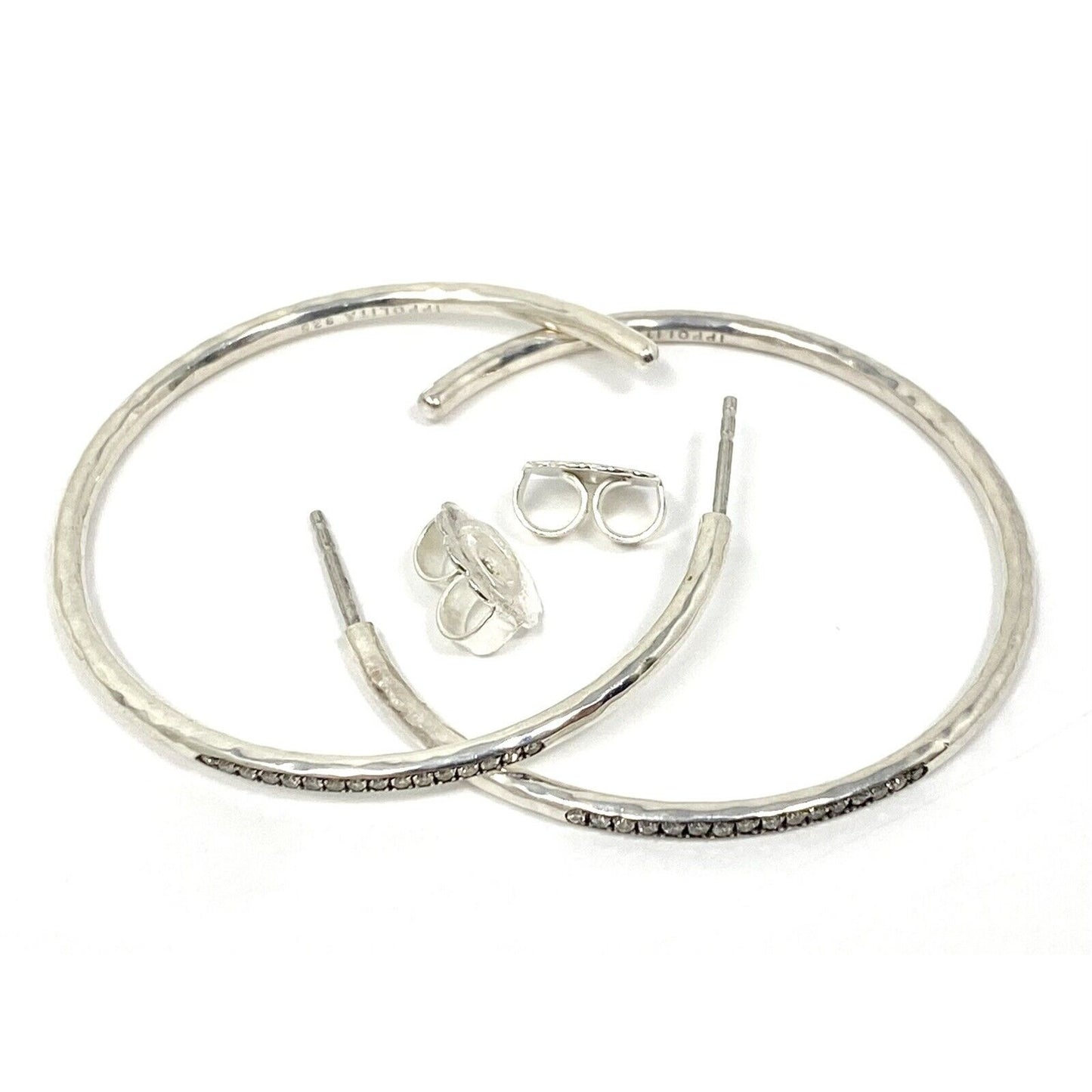 IPPOLITA Hammered 925 Sterling Silver Diamond Front Large Hoop Earrings