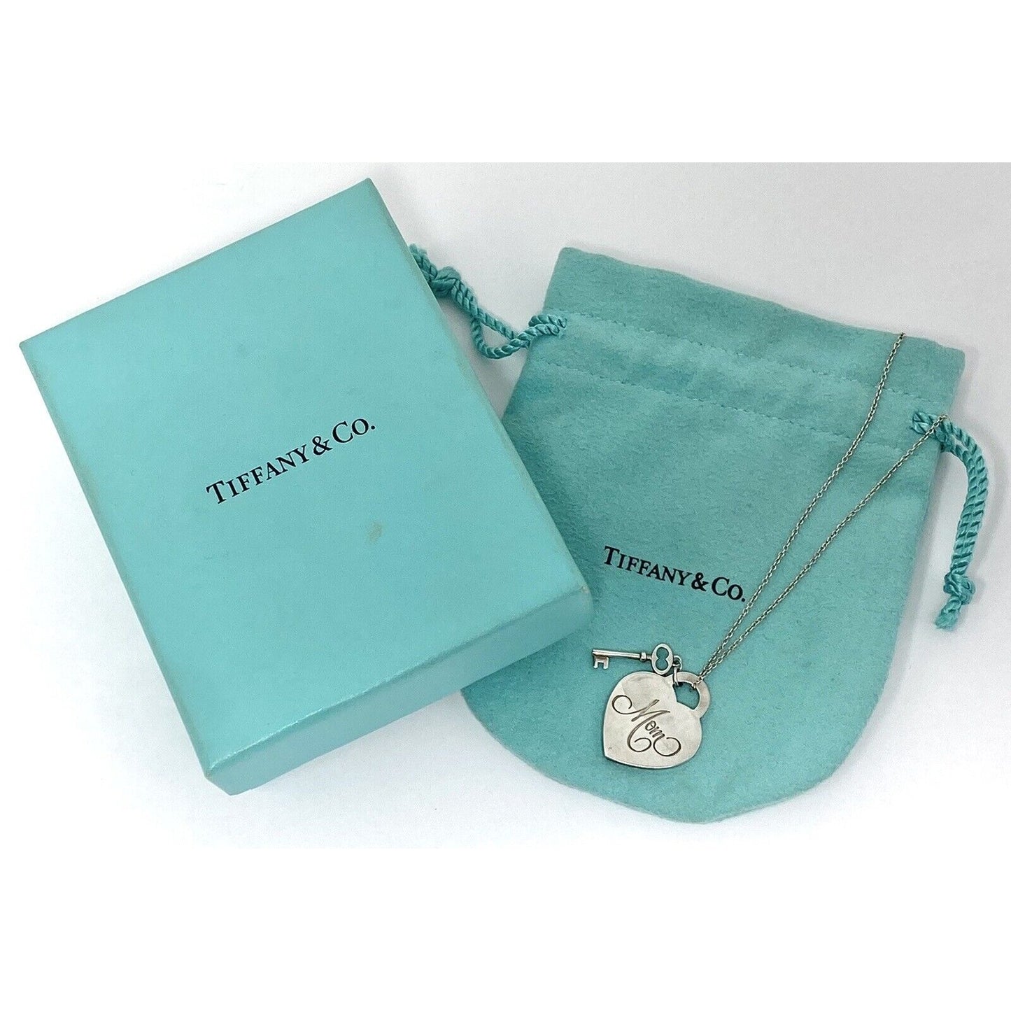 Tiffany & Co 925 Sterling Silver "Mom" Heart Key Pendant Charm 16" Necklace