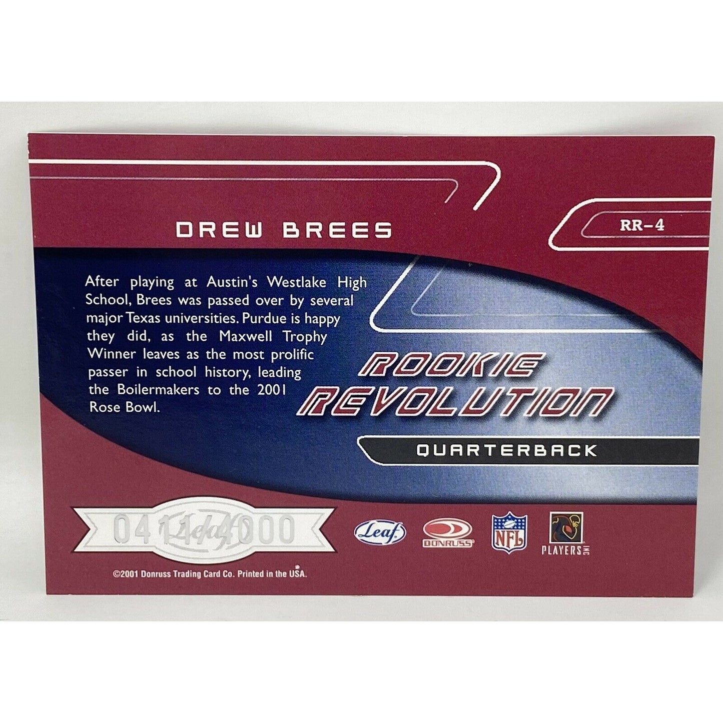 Drew Brees 2001 Donruss Quantum Leaf Rookie Revolution #RR-4 0411/4000 Card