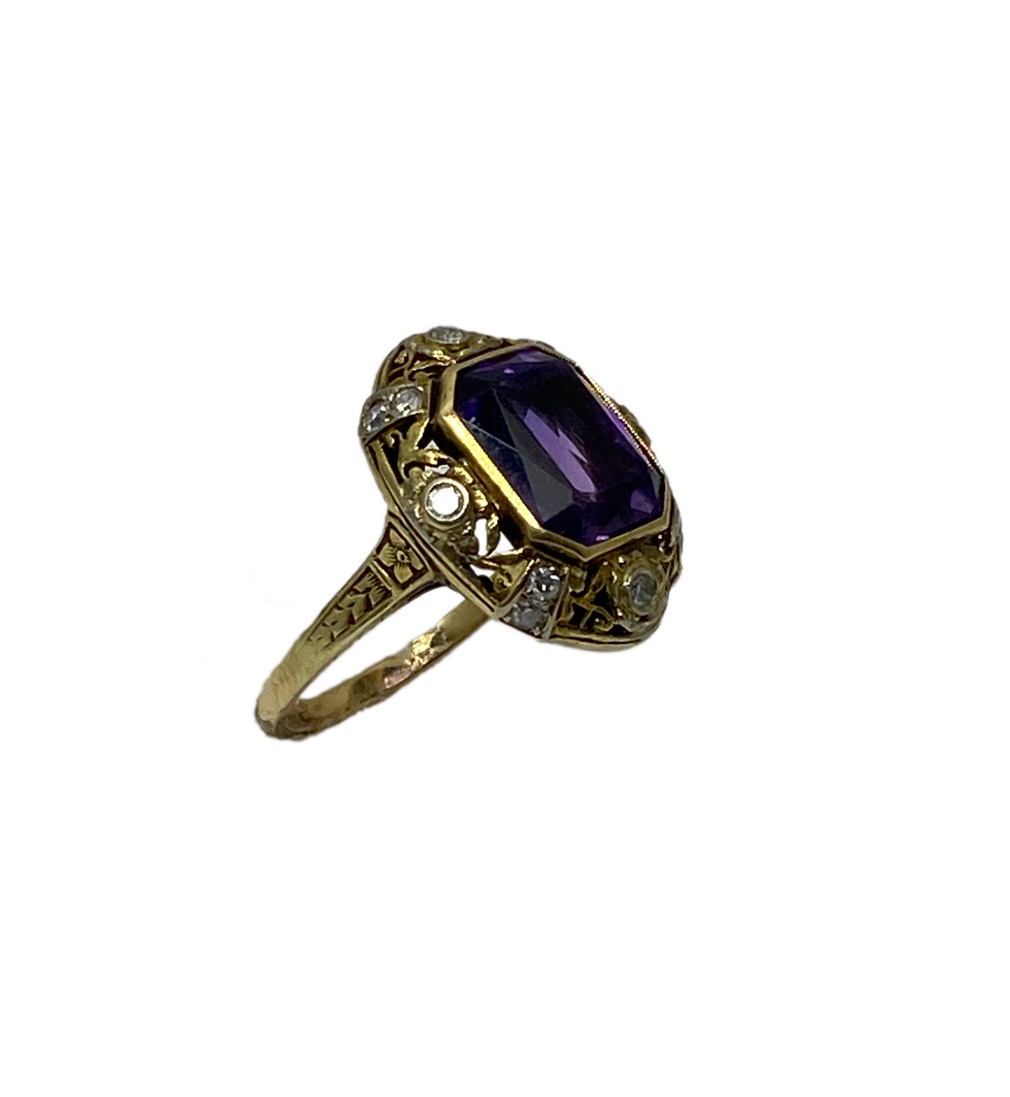 Vintage Deco Style Rectangular Amethyst and Round Diamond Ring 14K Yellow Gold