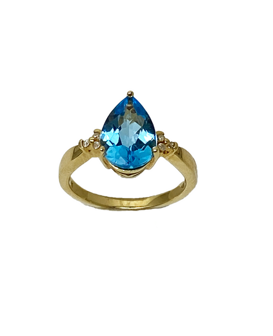Pear Cut Blue Topaz and Diamond Ring 14K Yellow Gold