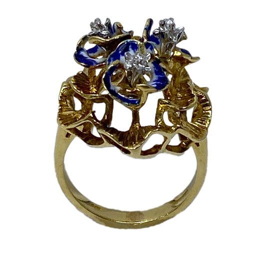 Vintage Diamond and Enamel Flower Ring 18K Yellow Gold