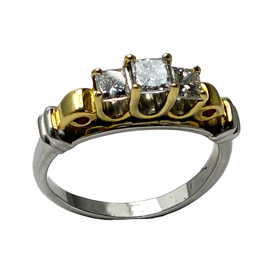 Past Present Future Modern Two-Tone Princess Cut Diamond Ring 1.0 CTTW 14K White & Yellow Gold