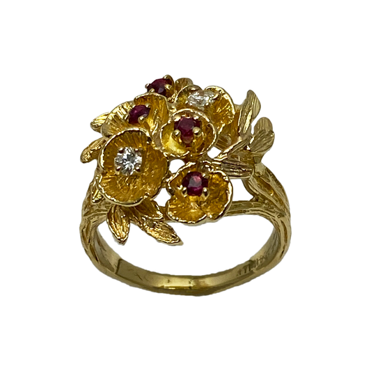 Vintage Flower Ruby & Diamond Cluster Cocktail Ring 14K Yellow Gold