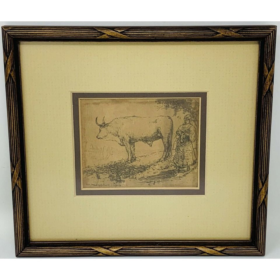 Antique Framed Original The White Ox Etching Print by Donald Shaw MacLaughlan