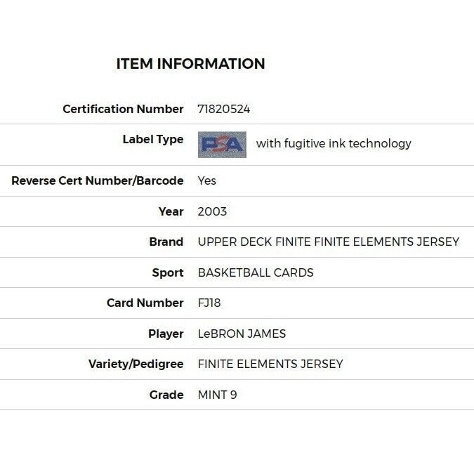 PSA 9 - 2003 U.D. Finite #FJ18 LeBron James Finite Elements Jersey Card