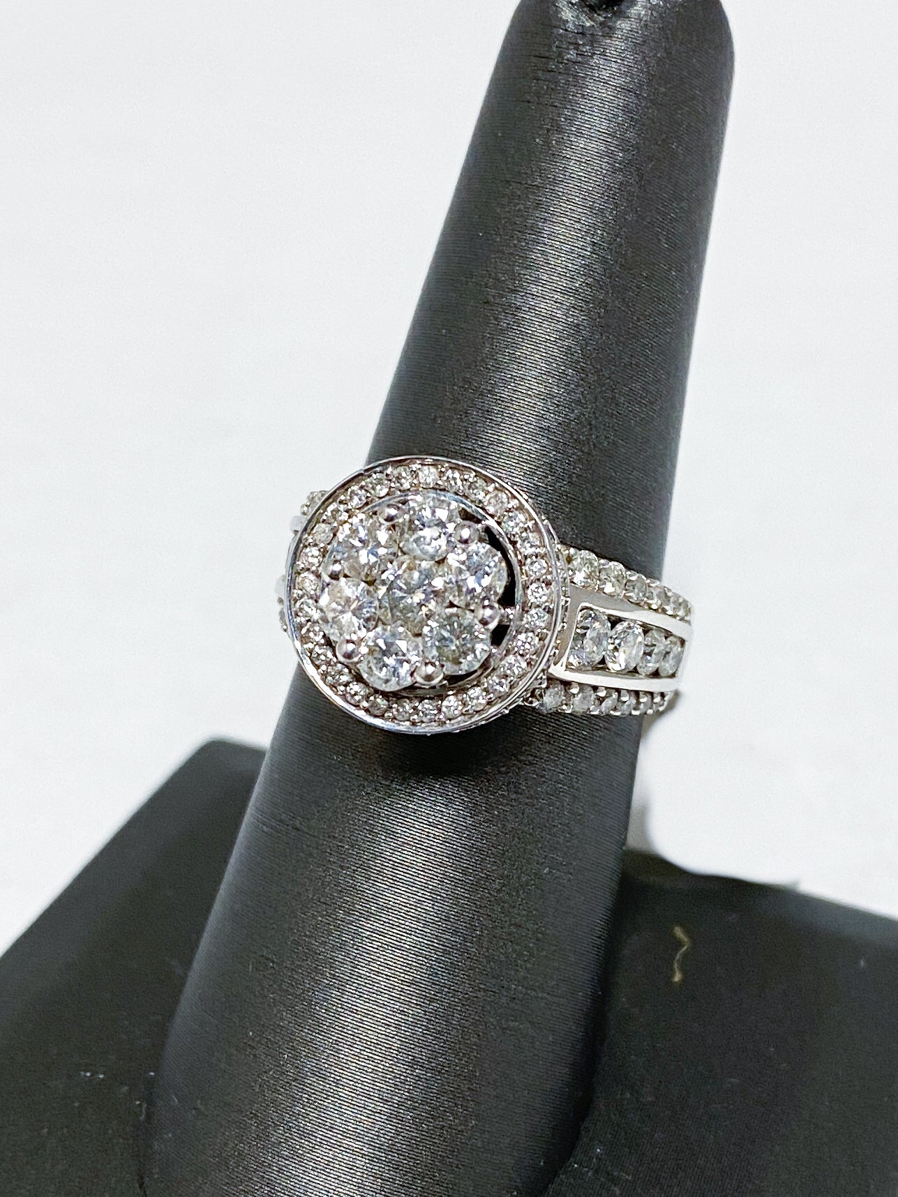 Diamond Cluster Halo Engagement Ring 1.55 ct Total 10K White Gold