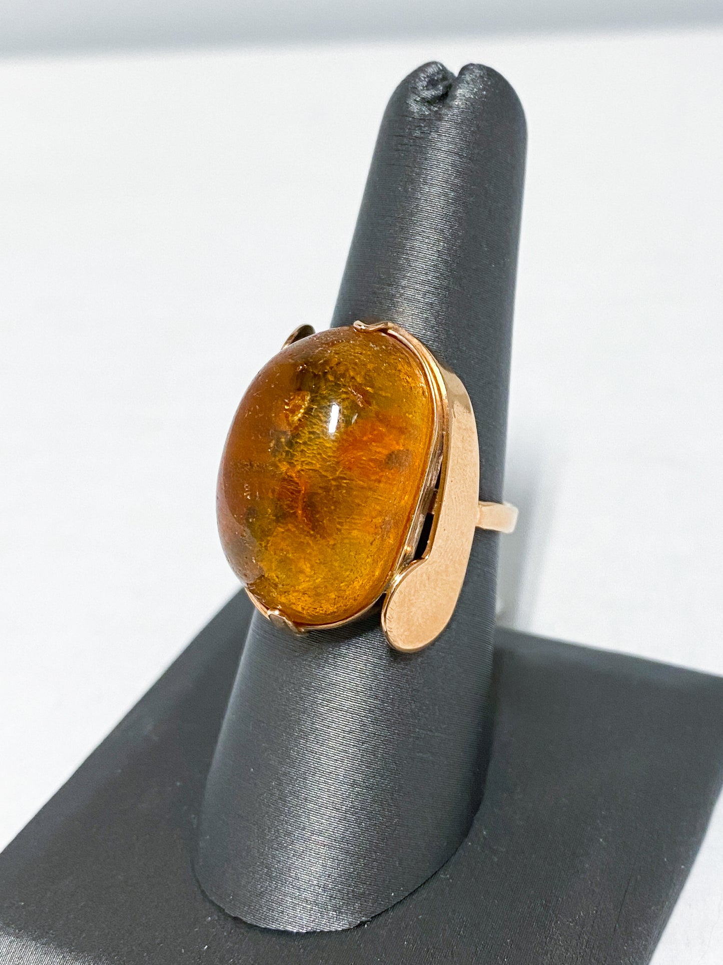 14K Gold Carved Amber Art Deco Style Ring