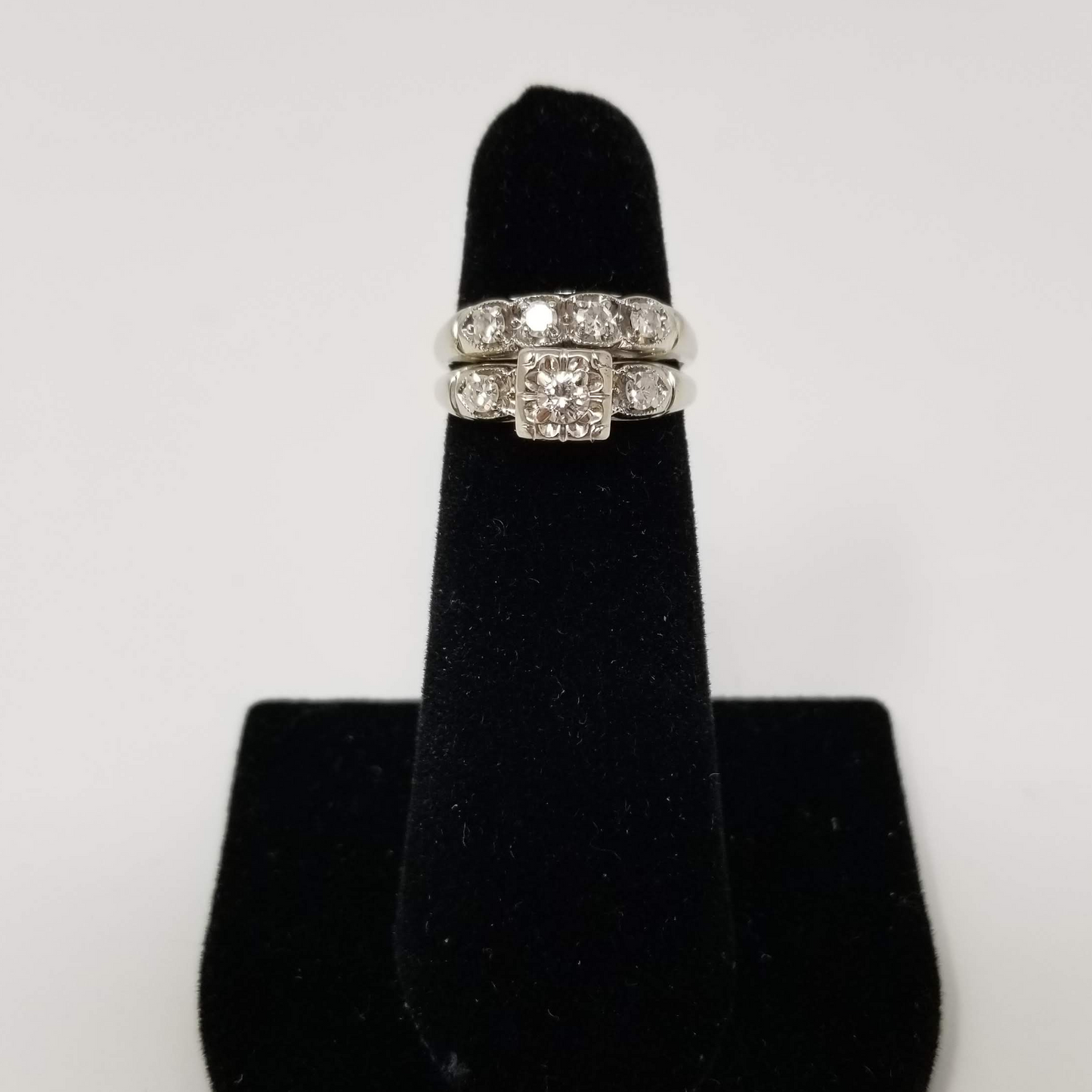 Engagement Ring Set - 9 Round Brilliant Diamonds - Size 6.0 - 14K White Gold